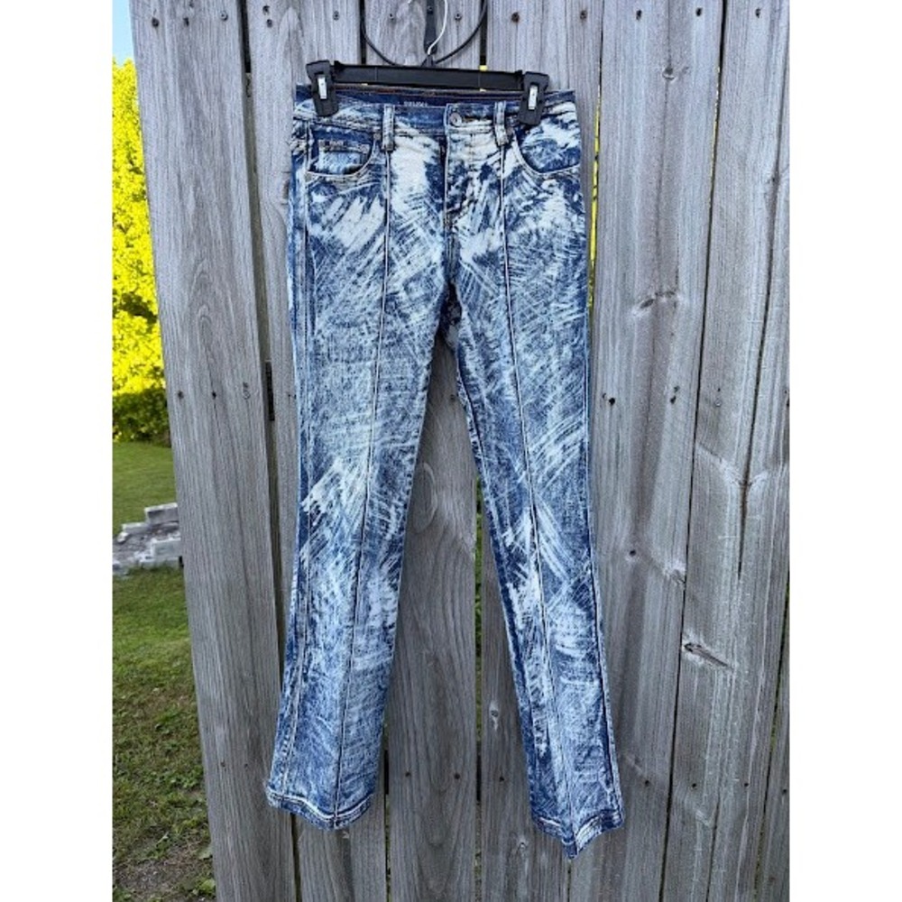 Acid‎ Wash Bleached Grunge Revolt Jeans Co Denim Pants Womens 3/4 Blue White
